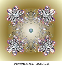 Abstract mandala or whimsical snowflake line art design. Isolated cute snowflakes on colorful background. Vector illustration.