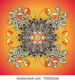 Abstract mandala or whimsical snowflake line art design. Isolated cute snowflakes on colorful background. Vector illustration.