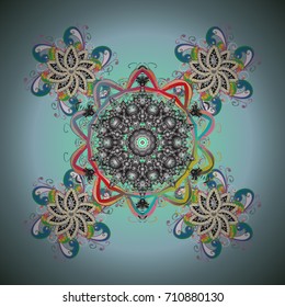 Abstract mandala or whimsical snowflake line art design. Isolated cute snowflakes on colorful background. Vector illustration.
