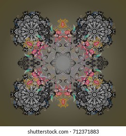 Abstract mandala or whimsical snowflake line art design. Isolated cute snowflakes on colorful background. Vector illustration.