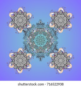 Abstract mandala or whimsical snowflake line art design. Isolated cute snowflakes on colorful background. Vector illustration.