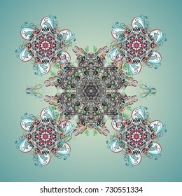 Abstract mandala or whimsical snowflake line art design. Isolated cute snowflakes on colorful background. Vector illustration.