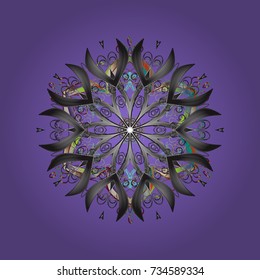 Abstract mandala or whimsical snowflake line art design. Isolated cute snowflakes on colorful background. Vector illustration.