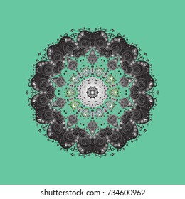 Abstract mandala or whimsical snowflake line art design. Isolated cute snowflakes on colorful background. Vector illustration.