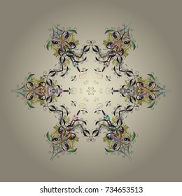 Abstract mandala or whimsical snowflake line art design. Isolated cute snowflakes on colorful background. Vector illustration.