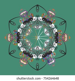 Abstract mandala or whimsical snowflake line art design. Isolated cute snowflakes on colorful background. Vector illustration.
