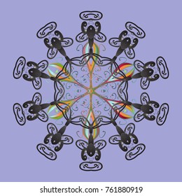 Abstract mandala or whimsical snowflake line art design. Isolated cute snowflakes on colorful background. Vector illustration.