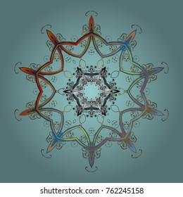 Abstract mandala or whimsical snowflake line art design. Isolated cute snowflakes on colorful background. Vector illustration.