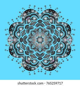 Abstract mandala or whimsical snowflake line art design. Isolated cute snowflakes on colorful background. Vector illustration.