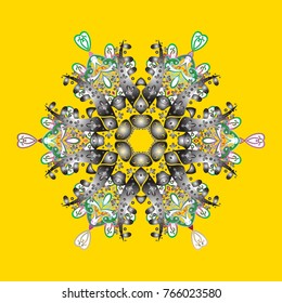 Abstract mandala or whimsical snowflake line art design. Isolated cute snowflakes on colorful background. Vector illustration.