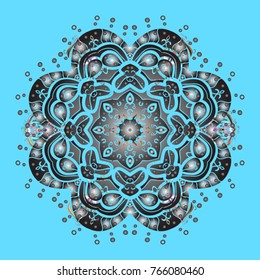 Abstract mandala or whimsical snowflake line art design. Isolated cute snowflakes on colorful background. Vector illustration.