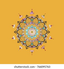 Abstract mandala or whimsical snowflake line art design. Isolated cute snowflakes on colorful background. Vector illustration.