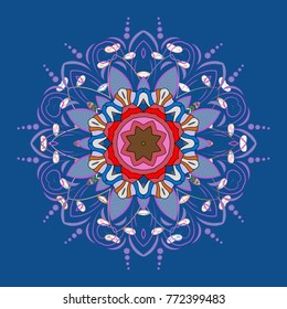 Abstract mandala or whimsical snowflake line art design. Isolated cute snowflakes on colorful background. Vector illustration.