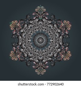 Abstract mandala or whimsical snowflake line art design. Isolated cute snowflakes on colorful background. Vector illustration.