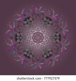 Abstract mandala or whimsical snowflake line art design. Isolated cute snowflakes on colorful background. Vector illustration.