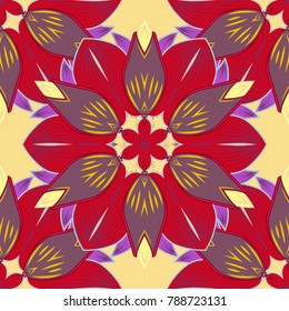 Abstract mandala or whimsical snowflake line art design. Isolated cute snowflakes on colorful background. Vector illustration.