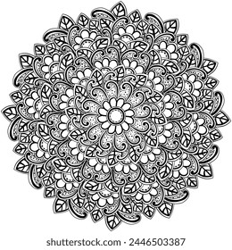 Abstract mandala with zendoodle flowers and leaves, complex coloring page vector illustration with natural elements and motifs