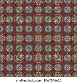 Abstract Mandalas background. Geometric polygonal design. Multicolor vector sketch. Futuristic seamless pattern in brown, gray and yellow colors.