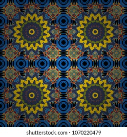 Abstract Mandalas background. Multicolor vector sketch. Futuristic seamless pattern in black, blue and yellow colors. Geometric polygonal design.