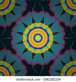 Abstract Mandalas background. Multicolor vector sketch. Futuristic seamless pattern in blue, black and yellow colors. Geometric polygonal design.