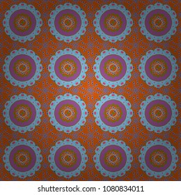 Abstract Mandalas ornamental pattern. Vector orange, blue and purple ethnic floral seamless pattern.