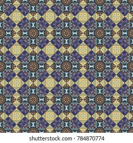 Abstract Mandalas ornamental pattern. Vector violet, blue and yellow ethnic floral seamless pattern.