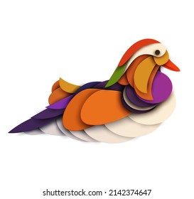 Abstract mandarin duck isolated on white background. Creative 3d concept in cartoon craft paper cut style. Colorful minimal design character. Modern geometric vector illustration.