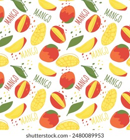 Abstract mango pattern in flat style. Fresh, delicious fruit seamless pattern. Vector background. Summer freshness for health. For background, juice, ice cream or packaging.