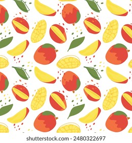 Abstract mango pattern in flat style. Fresh, delicious fruit seamless pattern. Vector background. Summer freshness for health. For background, juice, ice cream or packaging.