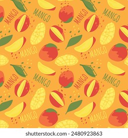 Abstractas patrón de mango en estilo plano. Fresco, delicioso patrón de fruta sin fisuras. Fondo de Vector. Frescura de verano para la salud. Para el fondo, jugo, helado o embalaje.