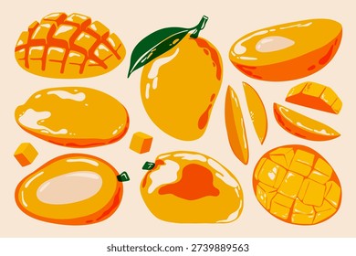 Abstract mango set. Ripe tropical fruits with leaf, decorative mango slices riso print effect, vintage fruit elements for natural organic product packaging design. Vector collection.