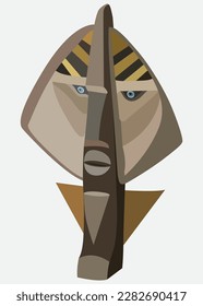 Abstract man's face Egyptian pharaoh mask illustration totem pole flat design low poly style indigenous peoples of South America African tribal totem mask isolated on white background.