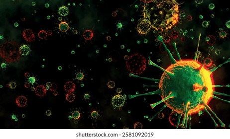 Abstract of many viruses in the background. Bacteria moving in space. Virus cells under a microscope. Pathogens. Outbreak of bacteria and viruses, pathogens. Pandemic idea. Vector