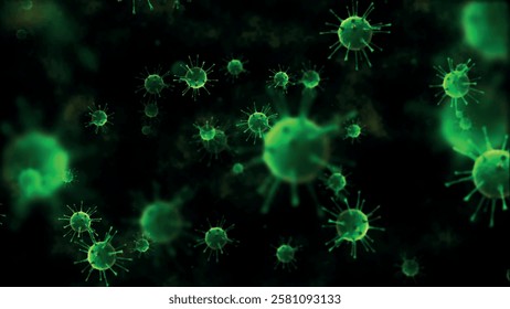 Abstract of many viruses in the background. Bacteria moving in space. Virus cells under a microscope. Pathogens. Outbreak of bacteria and viruses, pathogens. Pandemic idea. Vector