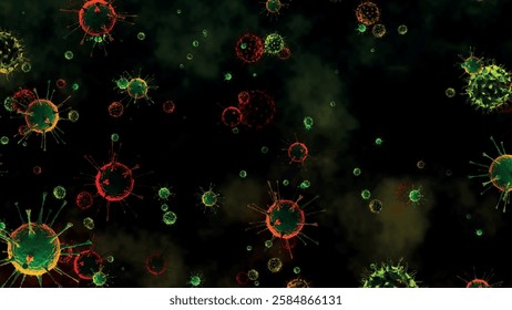 Abstract of many viruses in the background. Bacteria moving in space. Virus cells under a microscope. Pathogens. Outbreak of bacteria and viruses, pathogens. Pandemic idea. Vector