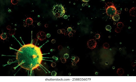 Abstract of many viruses in the background. Bacteria moving in space. Virus cells under a microscope. Pathogens. Outbreak of bacteria and viruses, pathogens. Pandemic idea. Vector