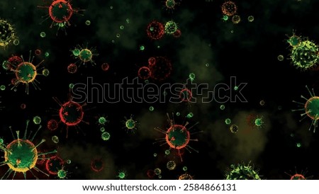 Abstract of many viruses in the background. Bacteria moving in space. Virus cells under a microscope. Pathogens. Outbreak of bacteria and viruses, pathogens. Pandemic idea. Vector