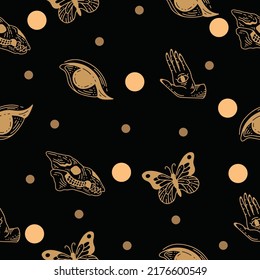 Abstrakte viele Verehrungen nahtlose Muster zufällige creme Objekt-Wallpaper mit Design dunklen schwarzen Hintergrund.