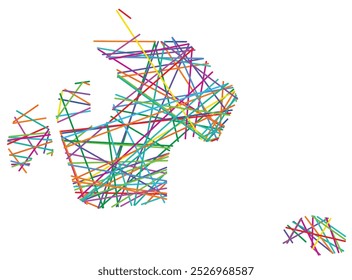 Abstract map of Aland showing the country with random crossing colored lines like a spider web