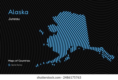 Abstract Map of Alaska in a Circle Spiral Pattern with a Capital of Juneau. United States map set	