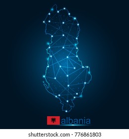 Abstract map of albania with nodes linked by lines arranged. 3d mesh .vector illustration.