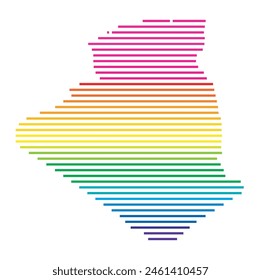 Abstract map of Algeria showing the area of the country with horizontal parallel lines in rainbow colors
