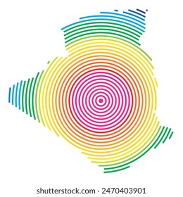 Abstract map of Algeria showing the area ot the country with concentric rings in rainbow colors like a shooting target.