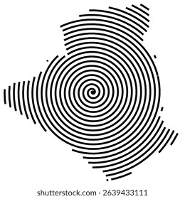 Abstract map of Algeria showing the country with a black spiral line