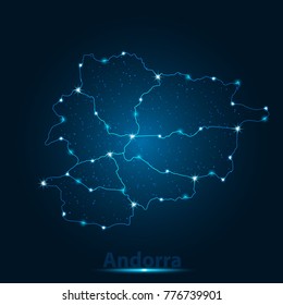 Abstract map of Andorra with nodes linked by lines arranged. 3d mesh .vector illustration.