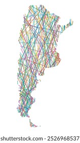 Abstract map of Argentina showing the country with random crossing colored lines like a spider web