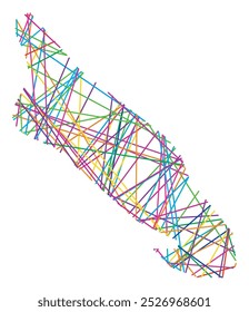 Abstract map of Aruba showing the country with random crossing colored lines like a spider web