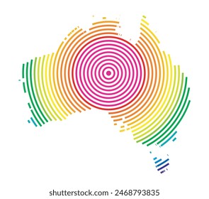 Abstrakte Karte von Australien, die das Gebiet des Landes mit konzentrischen Ringen in Regenbogenfarben wie ein Schießziel zeigt.