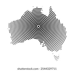 Abstract map of Australia showing the country with concentric black tapering lines