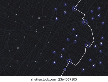 Abstract map background, poi. City streets, route distance data, path turns, destination tag or mark. Location tracks. For web design, presentations, advertising projects Vector illustration